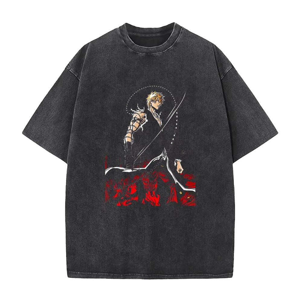 Japan Classic Hotblooded Anime BLEACH Graphic Print Tshirt Unisex Women Retro Washed Oneck Cotton Summer New Tee Oversized Top