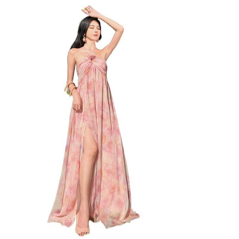 Hochwertiges leichtes Luxus-Kleid mit dreidimensionalem Blumen-Nischenhals, für den Sommer, den Strand oder den Urlaub, für Damen