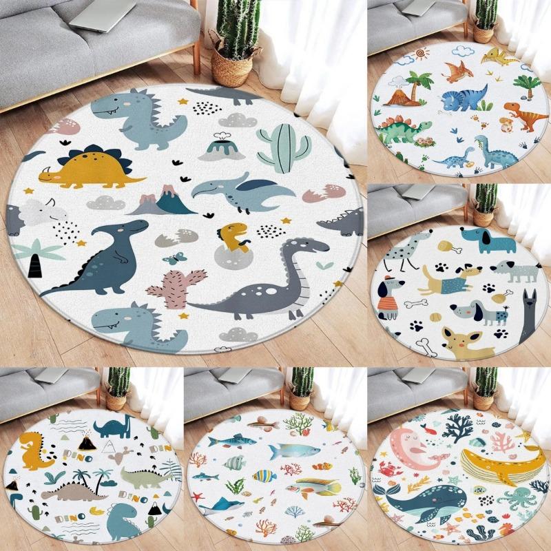 Wildlife Cartoon Animals Round Carpet Cute Dinosaur Whale Themed Kids Bedroom Rug Home Living Room Decorative Floor Mats