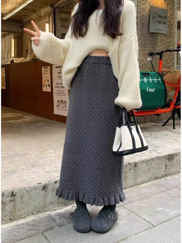 

Dark Gray Polka Dot Fleece A-line Midi Skirt, High Waist, Sweet Style for Autumn/Winter One Size темно-серого