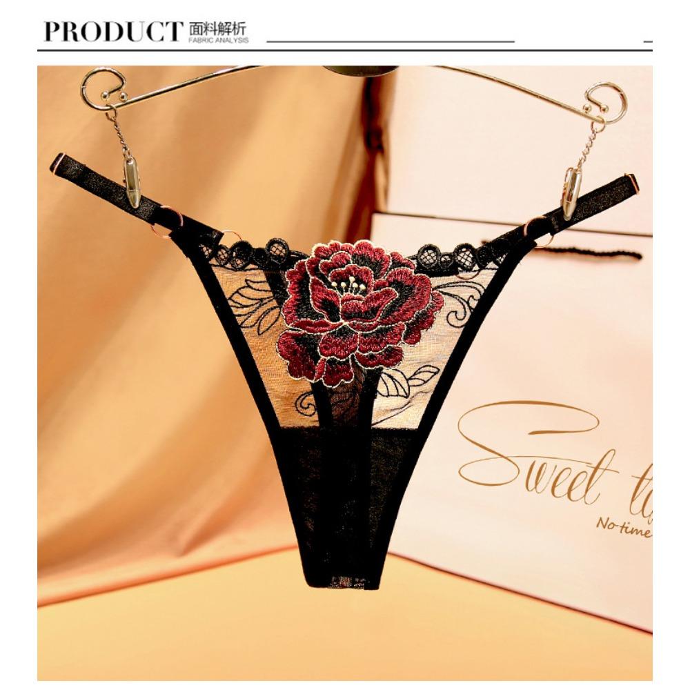Japanese Embroidered Flower Spice Girls Thong Breathable Mesh Sexy Hot Low Waist Adjustable Belt Ladies Large Size Panties