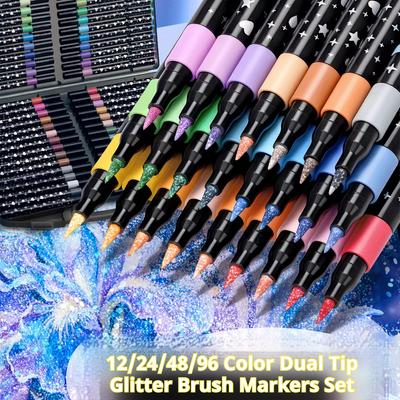96/12 Colors Dual Tip Glitter Brush Markers Set Acrylic Paint Pens Marker for DIY Doodling&Card Making Rock Painting Stone Glass