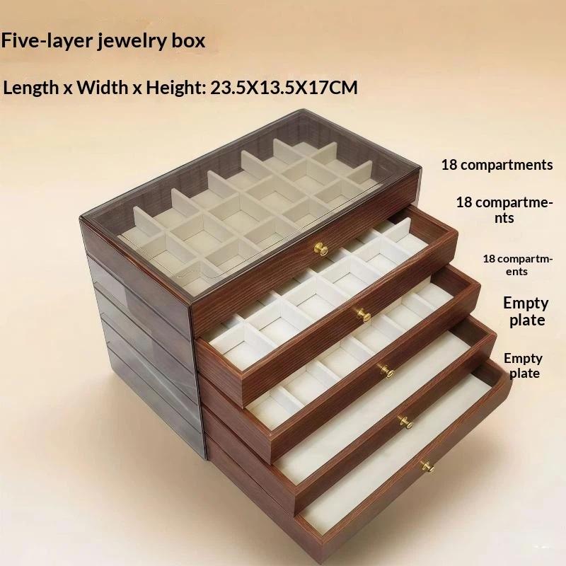 Five Layer Wood Grain Jewelry Box Multi Grid Drawer Storage Case For Earrings Rings Necklaces Bracelets Desktop Organizer