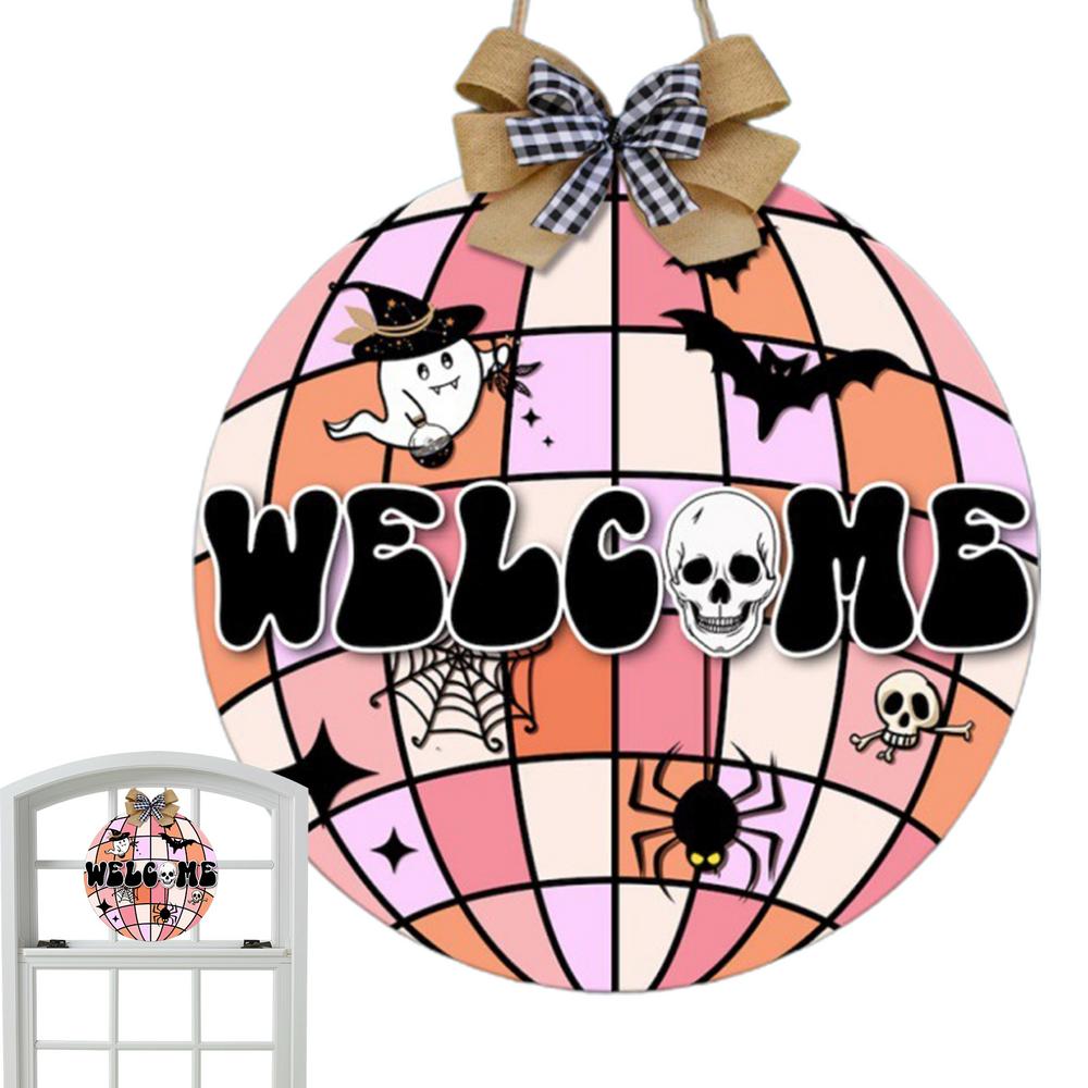 

Halloween Decoration Door Sign Happy Pumpkin Ghost Skull Hangable Welcome Sign Cartoon Halloween Door Wall Decor Wooden Spooky