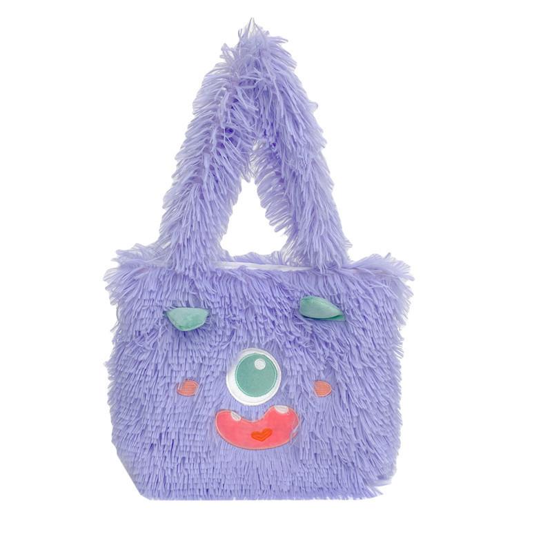 Cute Cartoon Monster Plush Tote Bag With Zipper Closure For Daily Use Student Girls