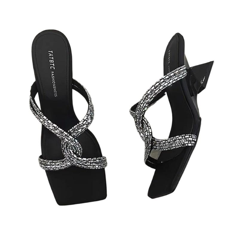 New Style Luxury Sandals Slim Heels Sandals Summer Twisted with Diamonds Square Toe High Heels Worn on The Outside Zapatos Mujer
