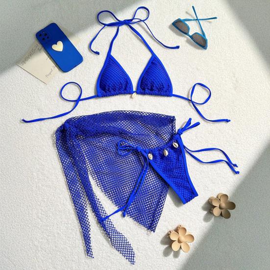 Conjunto de Maiô 3 Peças/Conjunto Halter Almofadas no Peito Sutiã Sem Aro Calcinha de Natação Saia Cover Up Conjunto Biquíni Cortado Maiô de Rede