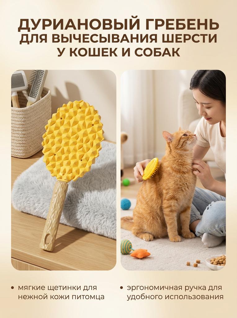 Pet Durian Deshedding Brush Easy-Clean Durian Shaped Cat Deshedder Reduce Shedding & Tangles