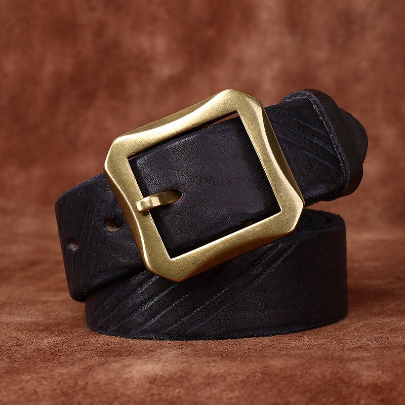 Belt Men's Vintage Heavy-Duty Washed Distressed Vegetable Tanned Full-Grain Leather Cowhide Leather Brass Buckle Trendy Unique Niche Belt