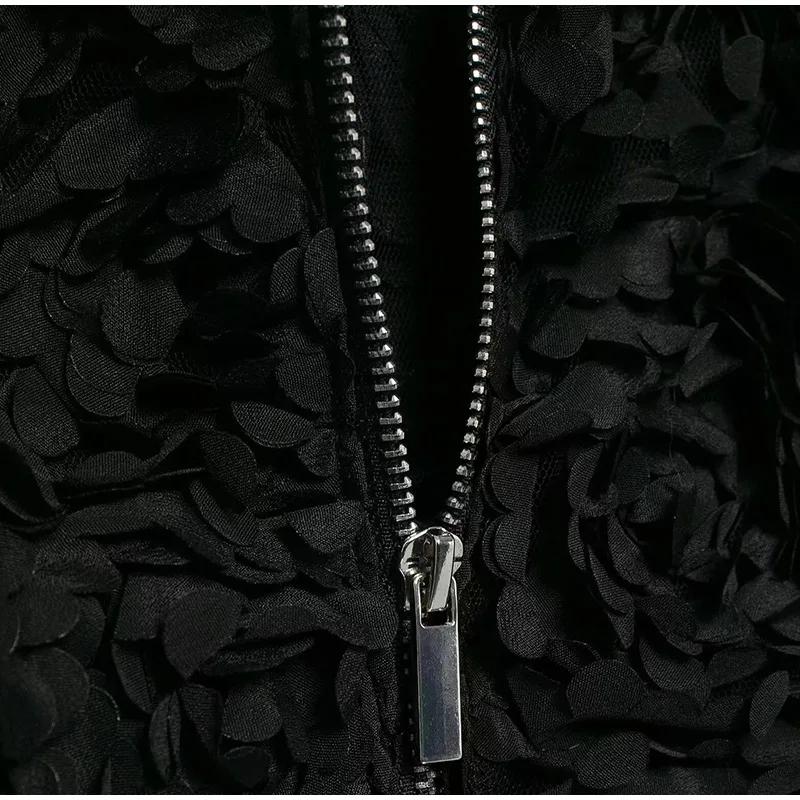 Street Short 3d Flower Lace Jacket Women Chic O-neck Long Sleeve Zipper Female Coats Autumn Lady All-match Outwears