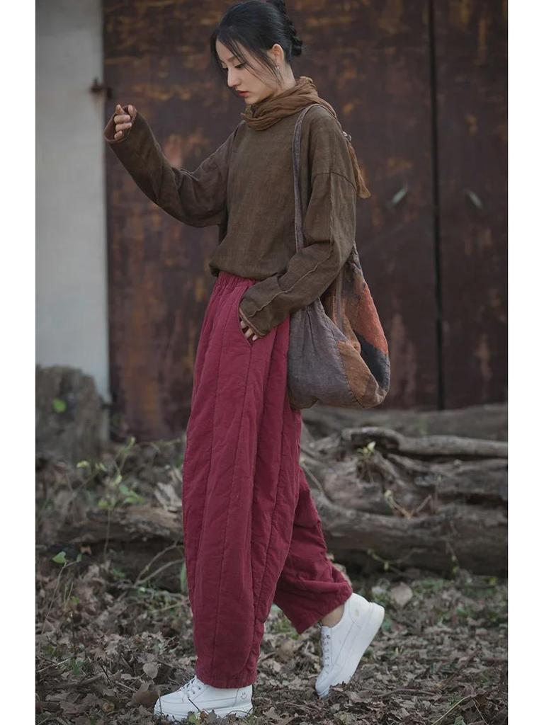 Women's Quilted Cotton-Linen Bloomers: Warm, Loose Carrot Pants for Autumn/Winter
