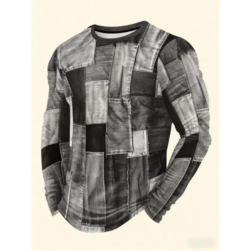 Autumn and Winter Men's Checked 3D Printed Crew Neck Long Sleeve T-Shirt