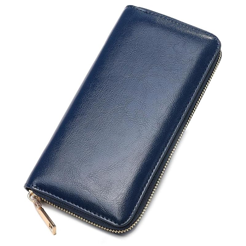 

soft leather long wallet cordovan leather look round zipper unisex large capacity cowhide Shiny wallet coin purse simple design (Iron Blue)