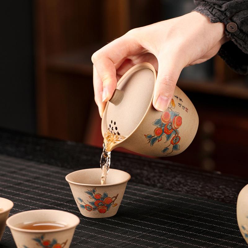 Dehua coarse pottery tea set outdoor travel tea set Kuaike cup brewing teapot small set portable and simple printing