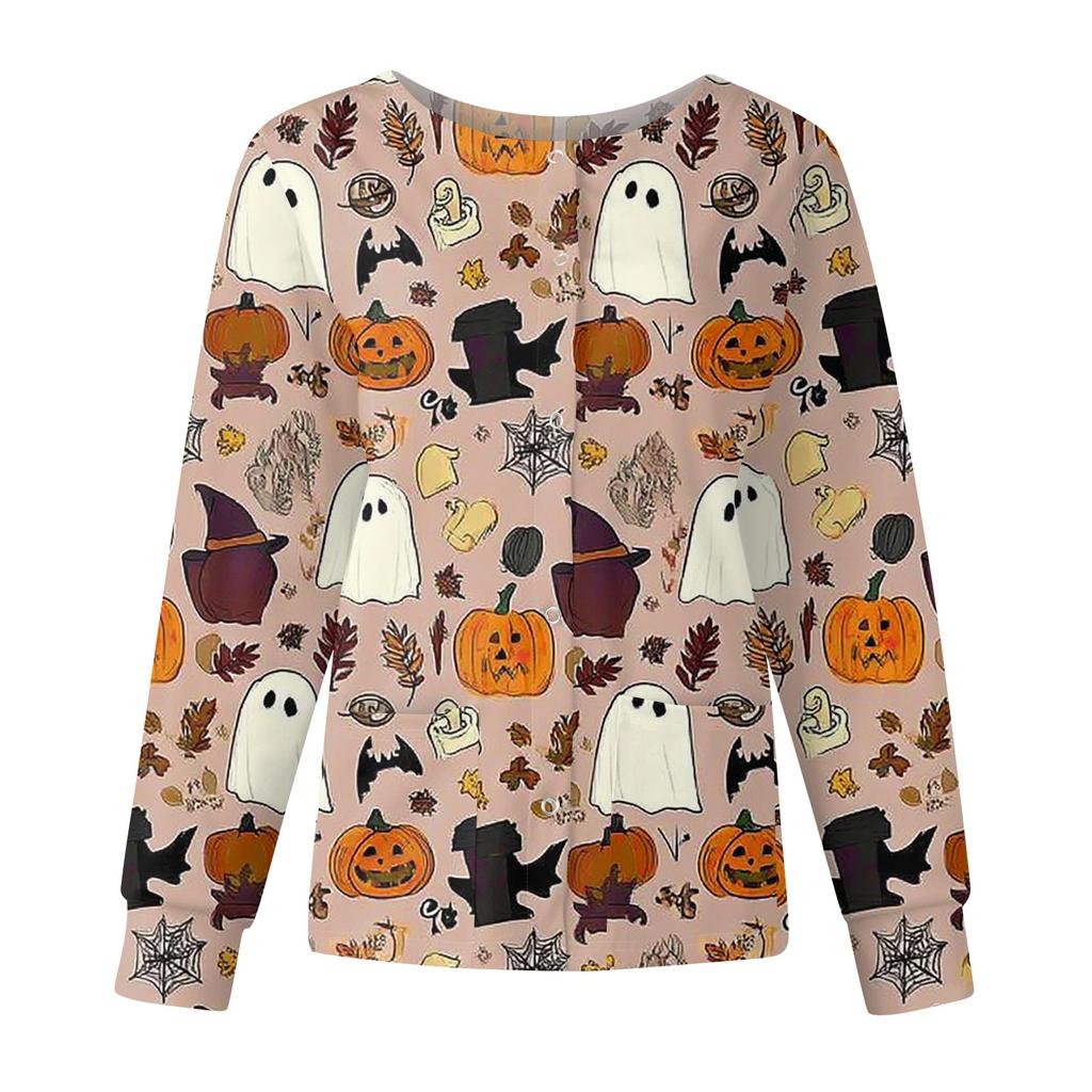 Women's Casual Fashion Long Sleeve Standing Collar Single Breasted Halloween Printed Workwear Jacket Tops