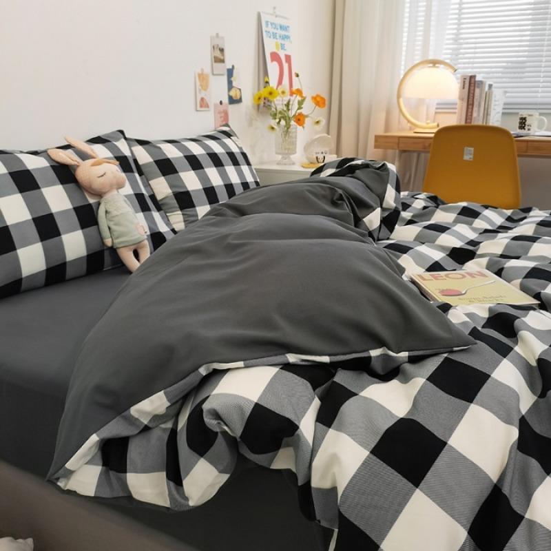 Japanese simple style plaid skin-friendly abrasive four-piece set, bedroom bedding washable sheets, quilt cover kit