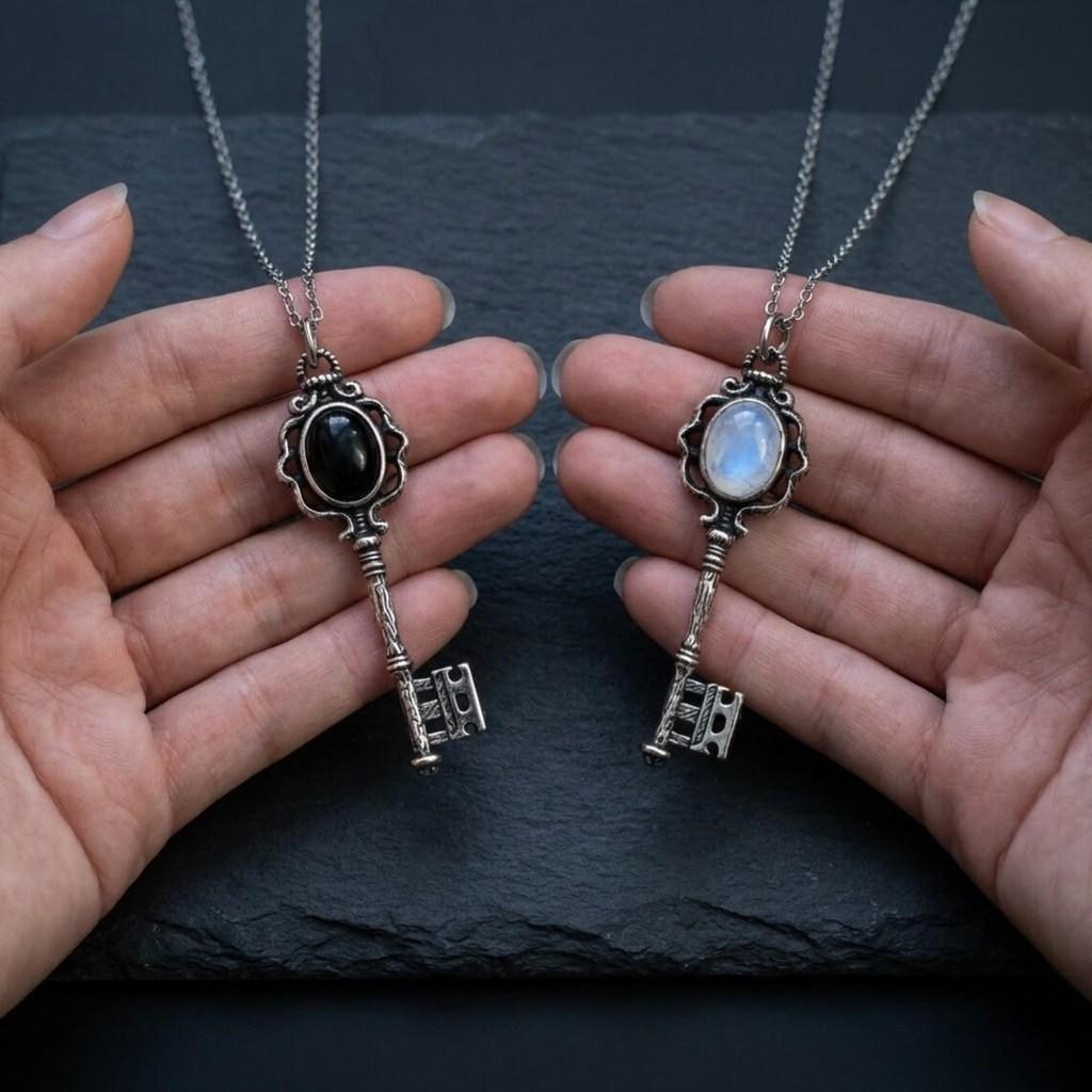 Dark Academy Key Pendant Necklace With Moonstone And Obsidian For Gothic Women