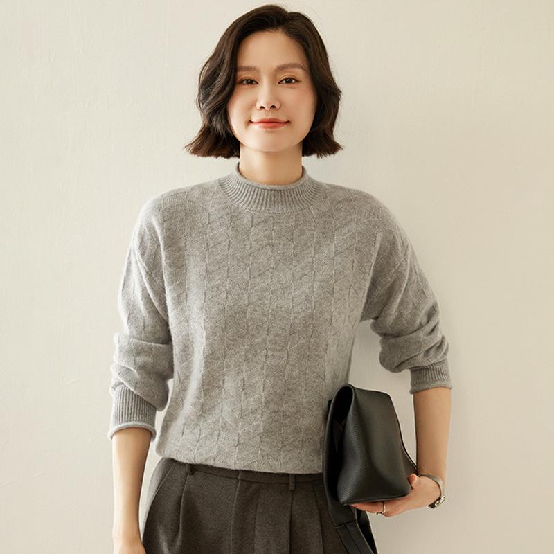 Rolled-Edge Semi-High Neck Cashmere Sweater, 2025 Autumn/Winter Women's Jacquard Knit Pullover