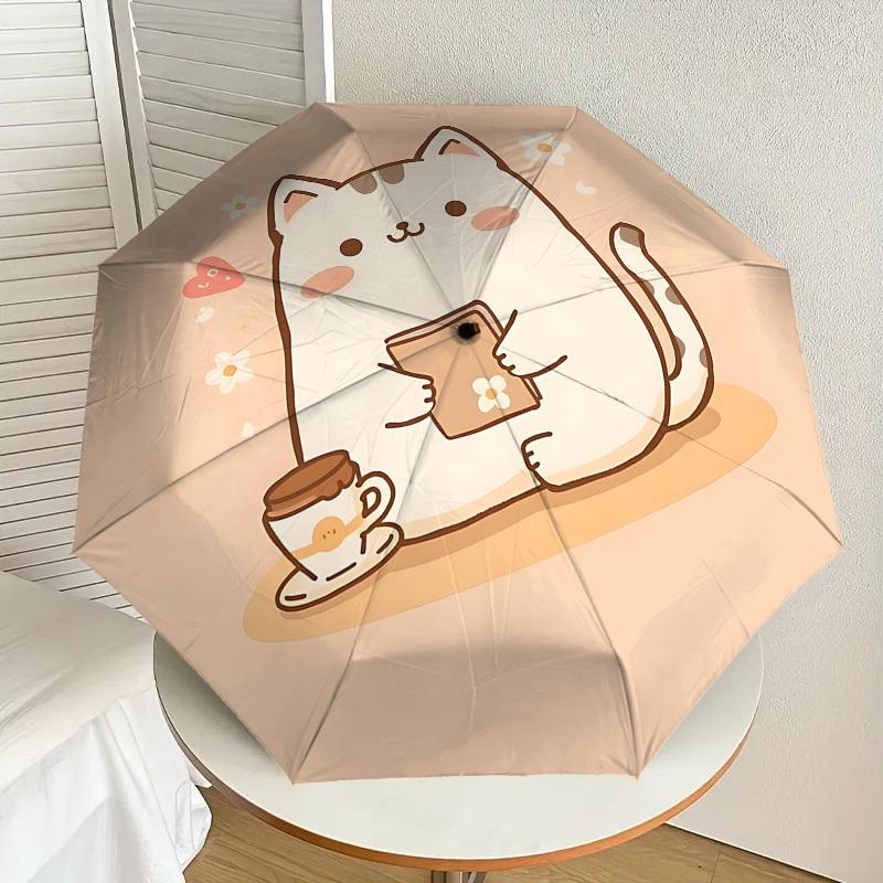 Charming Cat with Coffee and Book: Cute Day Companion   Auto Open/Closed Umbrella, Outdoor Travel Accessory, Lightweight & Durable 118