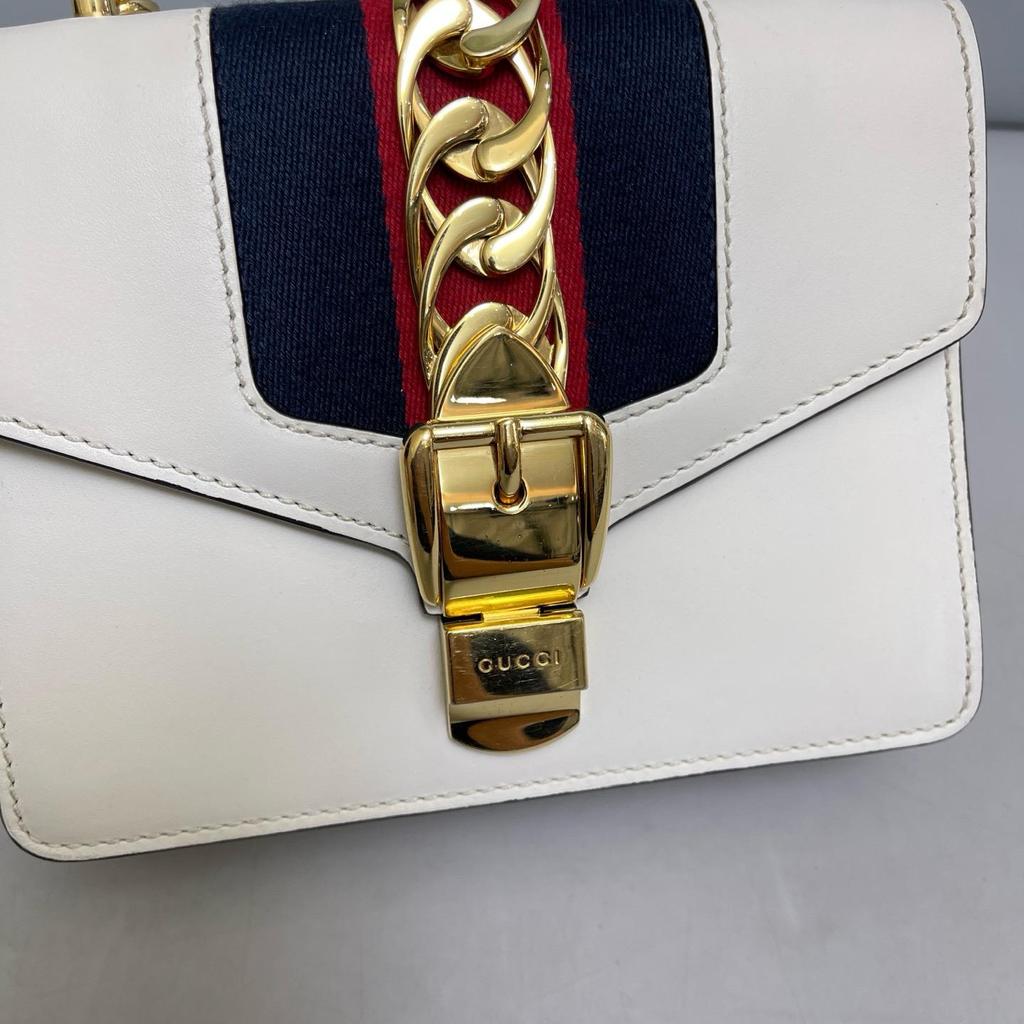 [Pre-Owned] Sylvie Gold Buckle Striped Web Leather Mini Tote Shoulder Crossbody Bag - Very Good #1RRR24U