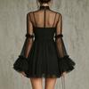 There are big flowers on the chest, European and American French three-dimensional rose mesh dress, high neck perspective horn, small black dress.