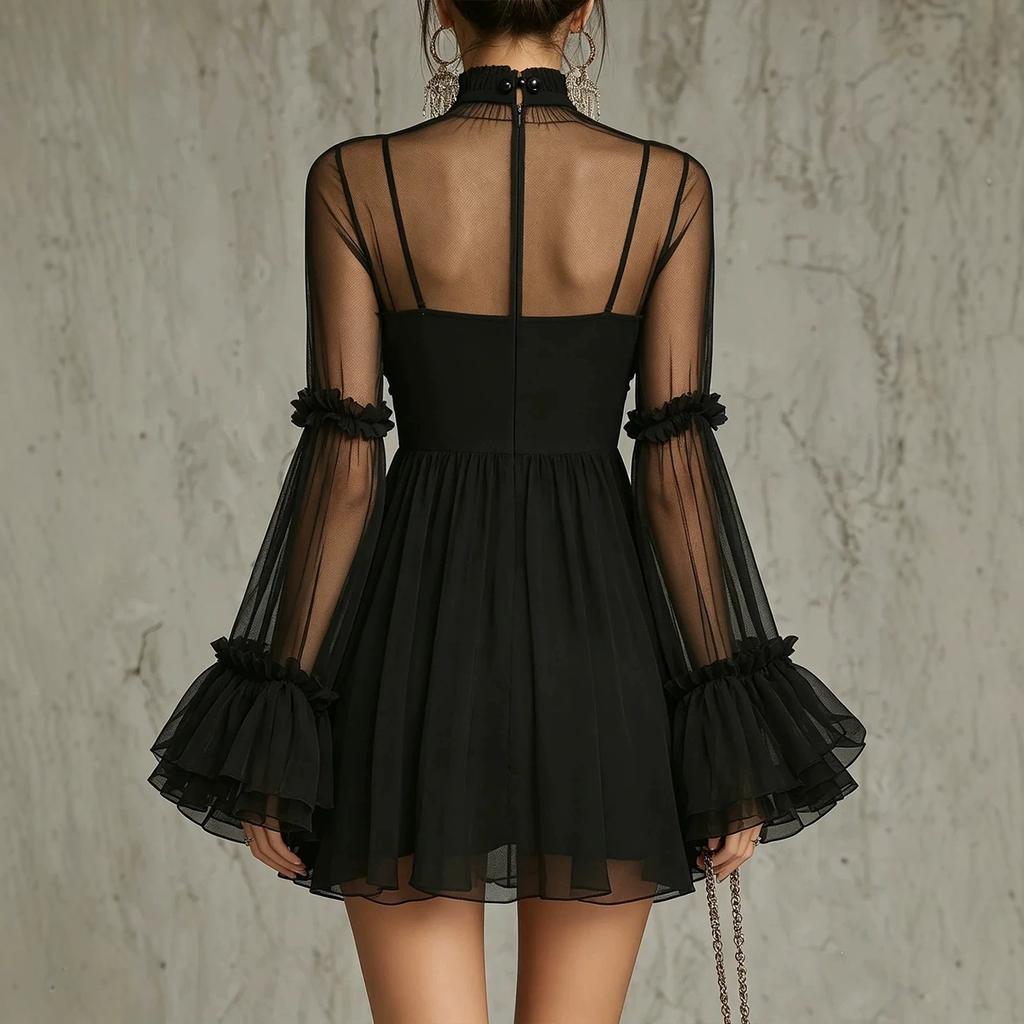 There are big flowers on the chest, European and American French three-dimensional rose mesh dress, high neck perspective horn, small black dress.