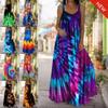Women's Spaghetti Strap Tie Dye 3D Printed Maxi Dresses Casual V Neck Swing Sling Dress Loose Lightweight Sleeveless Party Long Dresses
