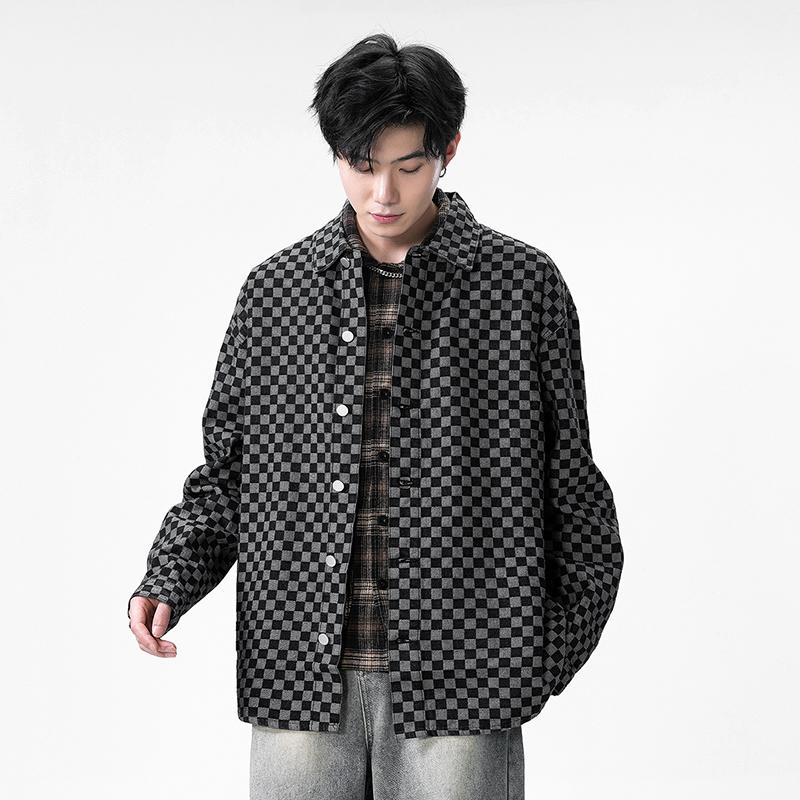 Checkerboard American Workwear Denim Shirt Men's Long-sleeved Casual Shirt Retro Trendy Jacket