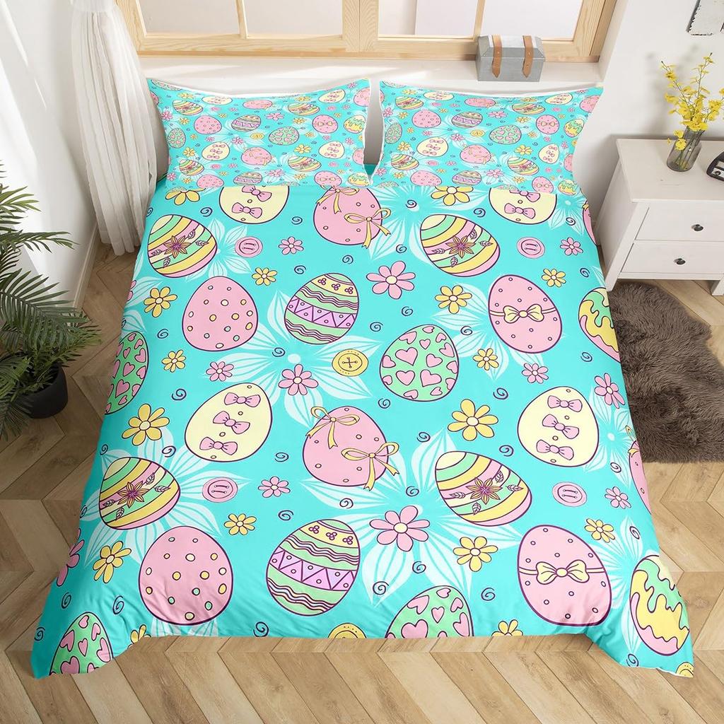 Easter Eggs Duvet Cover Boys Girls Cartoon Colorful Egg Theme Bedding Set Happy Easter Comforter Cover Floral Flower Quilt Cover
