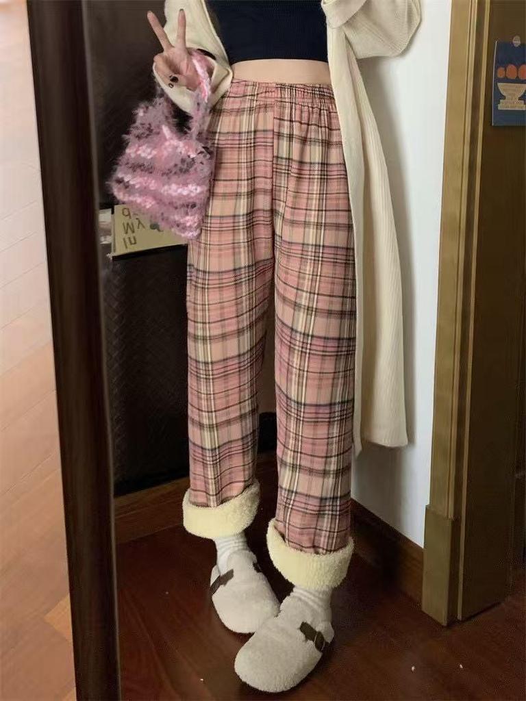 Women's High-Waisted Plaid Wide-Leg Pants - Autumn/Winter Casual Velvet Trousers