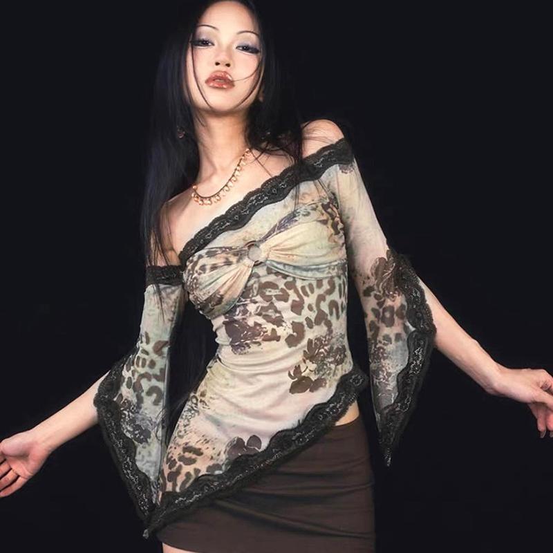 2KWEIRD Y2K Sexy Dantelă Plasă Transparent Tricouri Goth Imprimeu Grafic Mânecă Lungă Tricot Patchwork Topuri Vintage Femei Streetwear de Vară