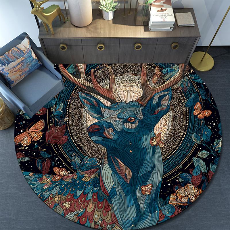 Deer Round Area Rug,Carpet Rug for Living Room Bedroom Sofa Playroom Decor,Non-slip Floor Mat