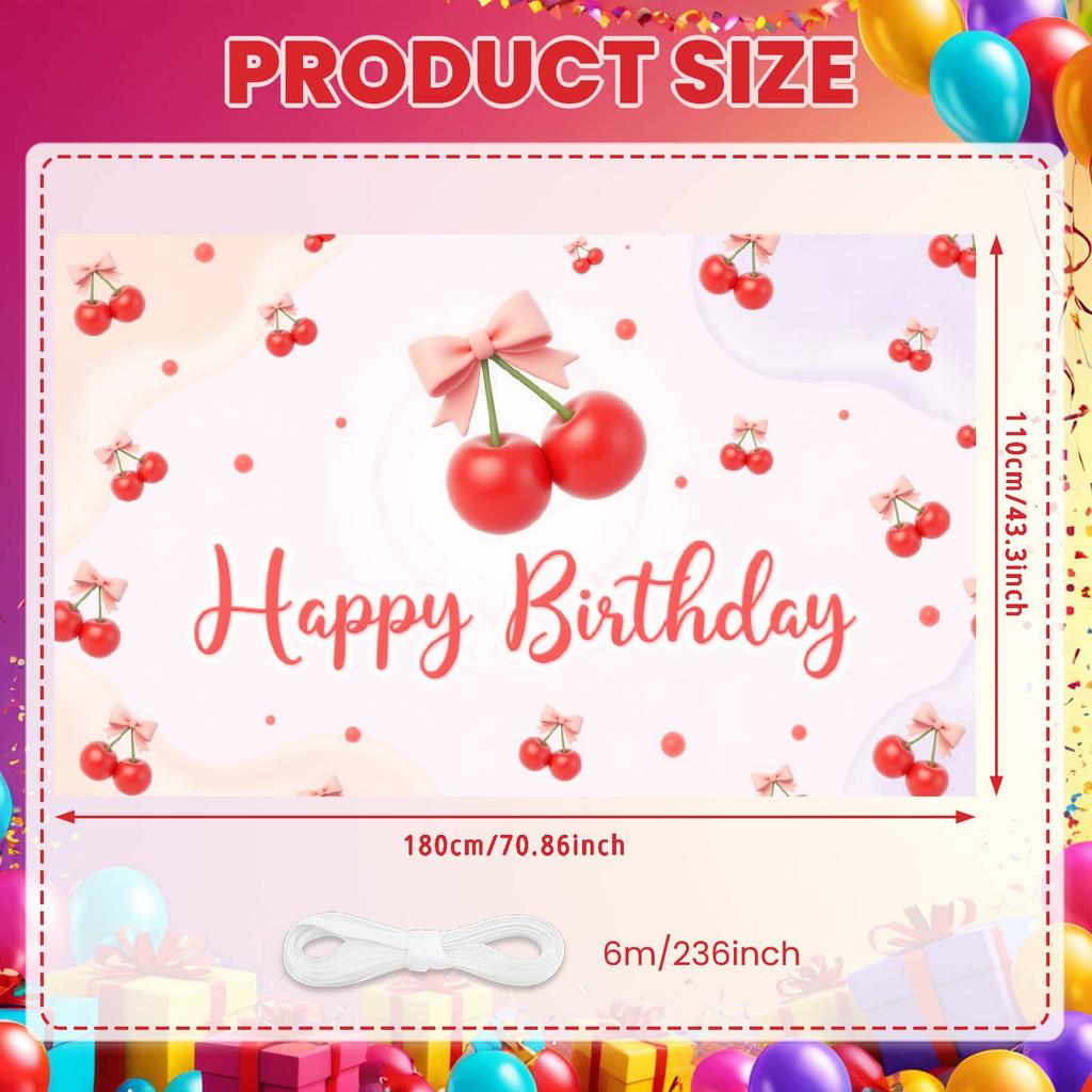Happy Birthday Banner Sweet Pink Bowknot Cherry Pattern Birthday Party Decoration Backdrop Fruit Theme Photo Background Shoot