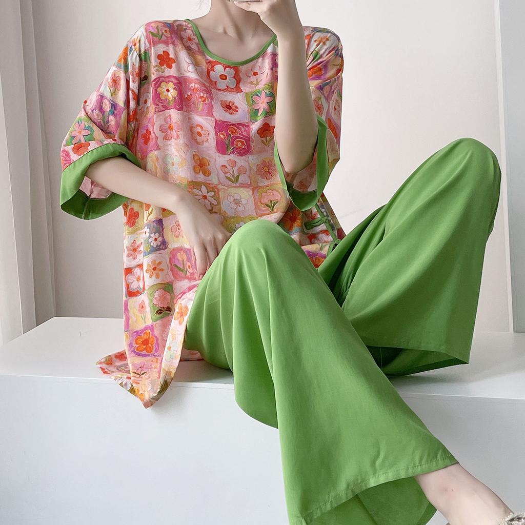 Improved Hanfu cotton and silk pajamas women's spring and summer thin printing can be worn outside loungewear loose high-end cotton silk suit