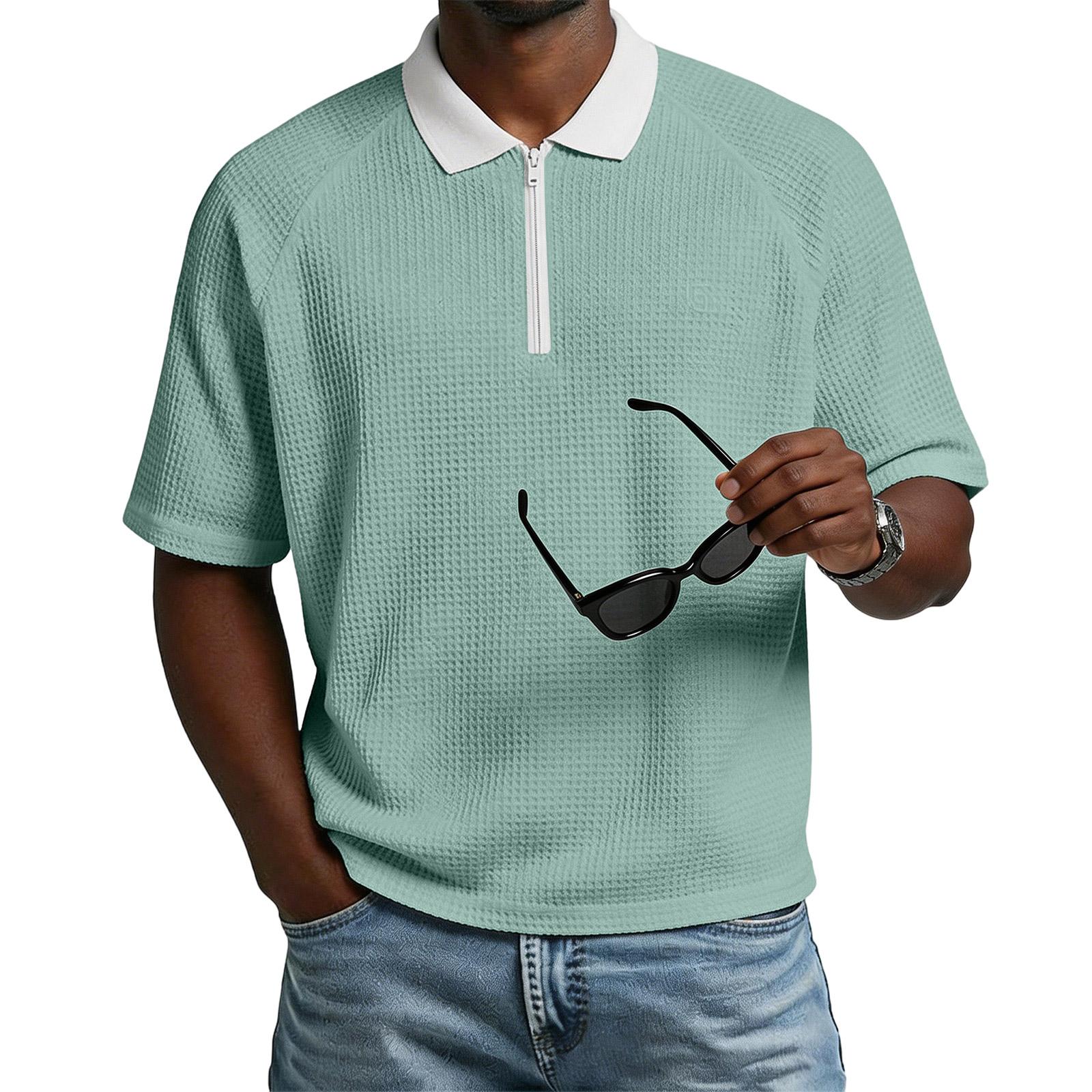 Ionia Heren Poloshirt met Korte Mouwen, Contrastkraag en Halve Rits, Casual Wafelpatroon Top M
