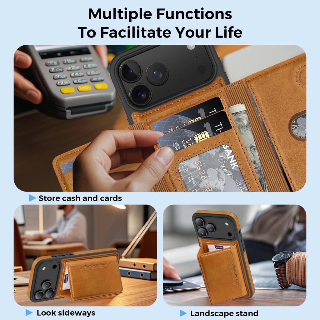 Apple 17 Pro Max Magnetischer Kartenhalter Ständer Lederhülle - Sturzsicheres Schutz-iPhone 16 Cover mit Kartenschlitz