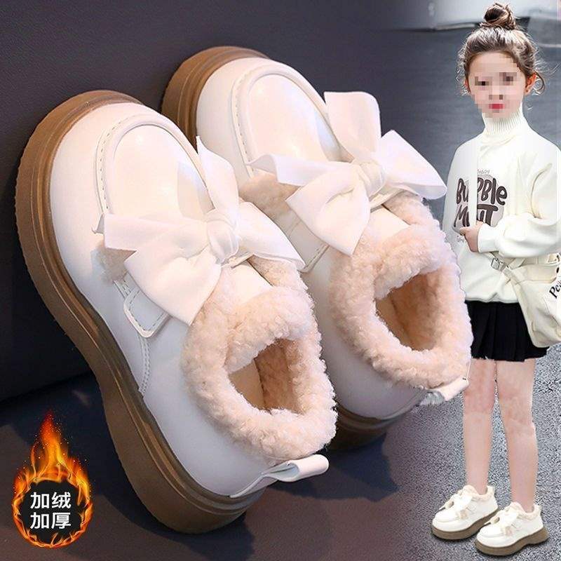 Girls cotton shoes leather shoes 2025 winter new girls velvet warm princess shoes children soft-soled beanie shoes