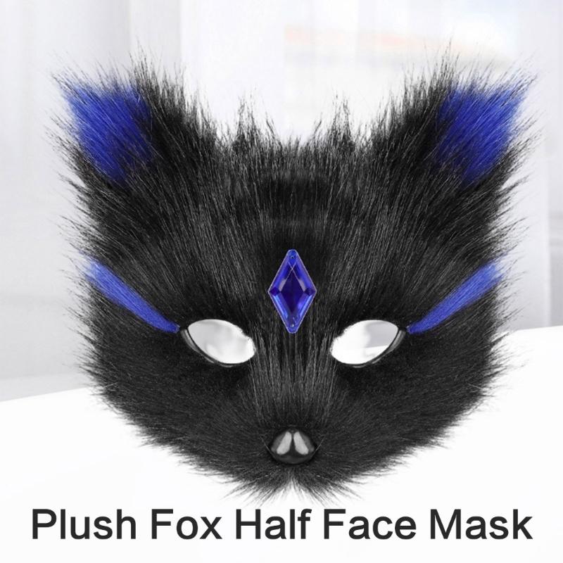 Plush Feline Foxes Half Face Mask With Sparkling Rhinestones Perfect For Costume Balls Lightweight Fabric