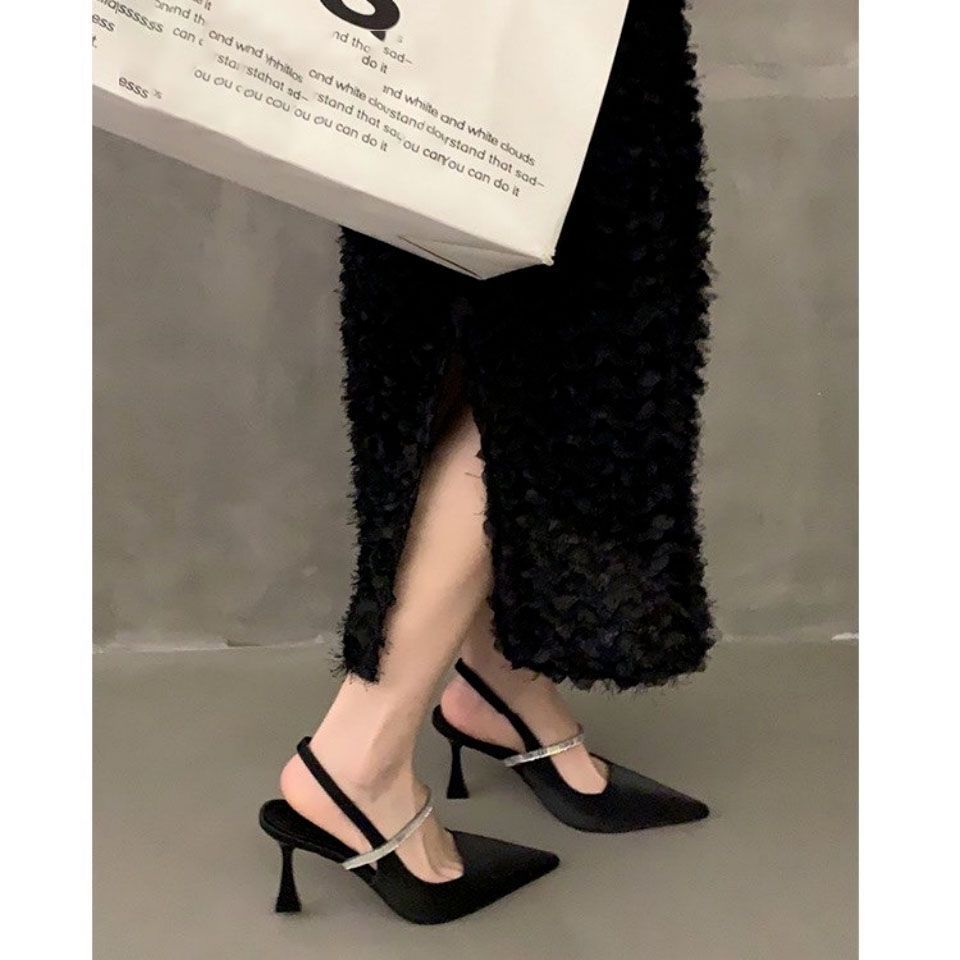 French High-value Black Pointed High Heels Rhinestone Thin Heel Niche Skirt Single Shoes Sandals Women's Black Summer