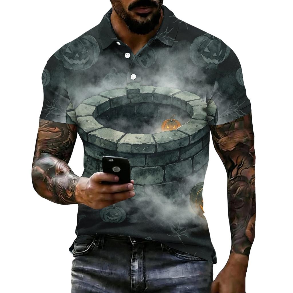 Men's Halloween Print Short Sleeve Polo Shirt Loose Fit Casual Summer Everyday Top with Button Placket and Classic Collar for Daily Wear