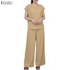 ZANZEA Women Short Sleeve Blouse and Long Pants Summer Casual Two Piece Sets