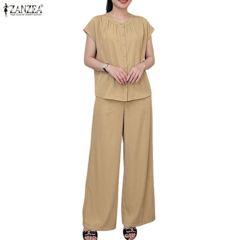 ZANZEA Women Short Sleeve Blouse and Long Pants Summer Casual Two Piece Sets