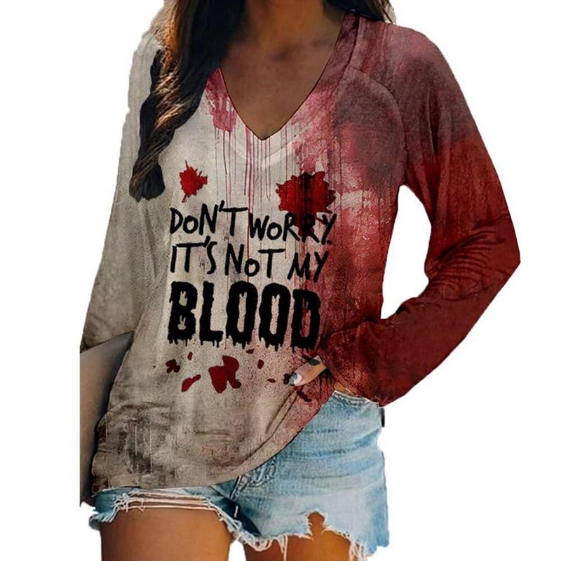 

Женская футболка с длинным рукавом на Хэллоуин с V-образным вырезом, красным принтом граффити в стиле хоррор, топ на Хэллоуин M