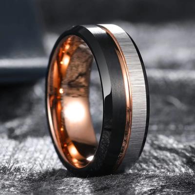 Moda 8mm Erkekler Siyah Fırçalanmış Paslanmaz Çelik Yüzükler Gül Altın Renk Hattı Oluk Eğimli Kenar Erkek Yüzükler düğün takısı