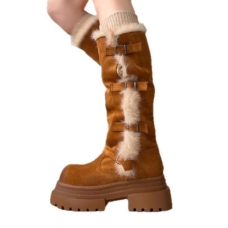 Belt Buckle High Boots Thickened Snow Boots Women's New Winter Velvet Warm Thick Sole Heightening Fashion Boots