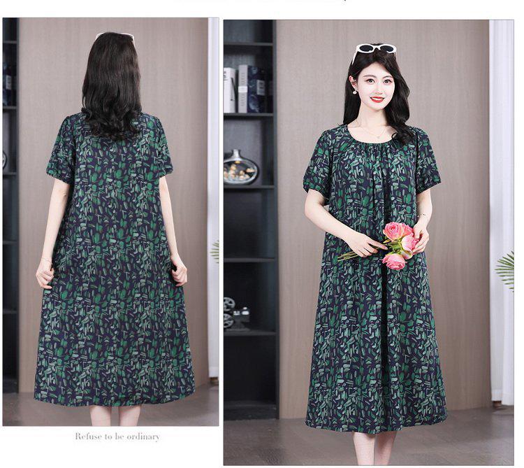 Summer 2026 Plus Size Cotton Silk Long Dress for Middle-Aged Women