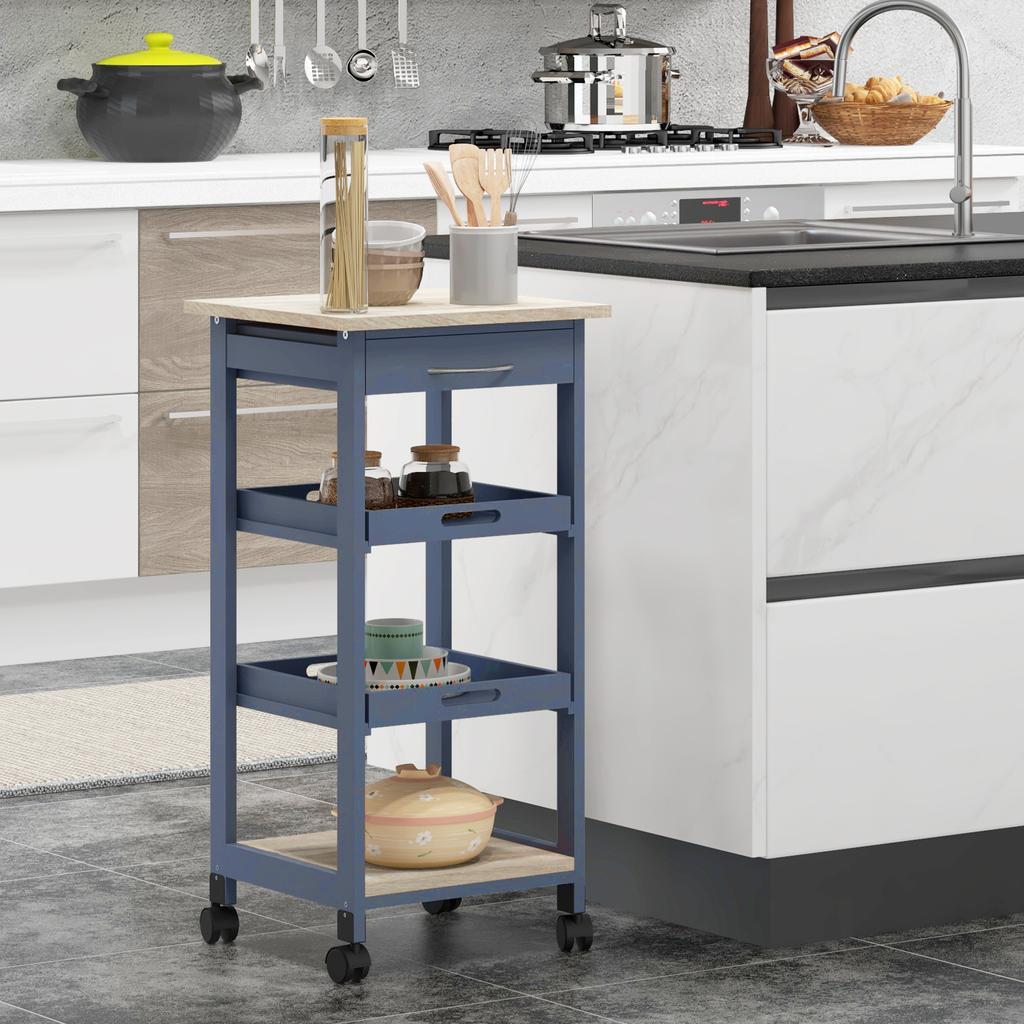 Kitchen Cart with Drawer. 2 Pull-Out Trays and Fixed Shelf. 37x37x76cm. Made of Wood