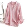 Women's Summer Pink Linen Shirt Loose Long Sleeve Blouse
