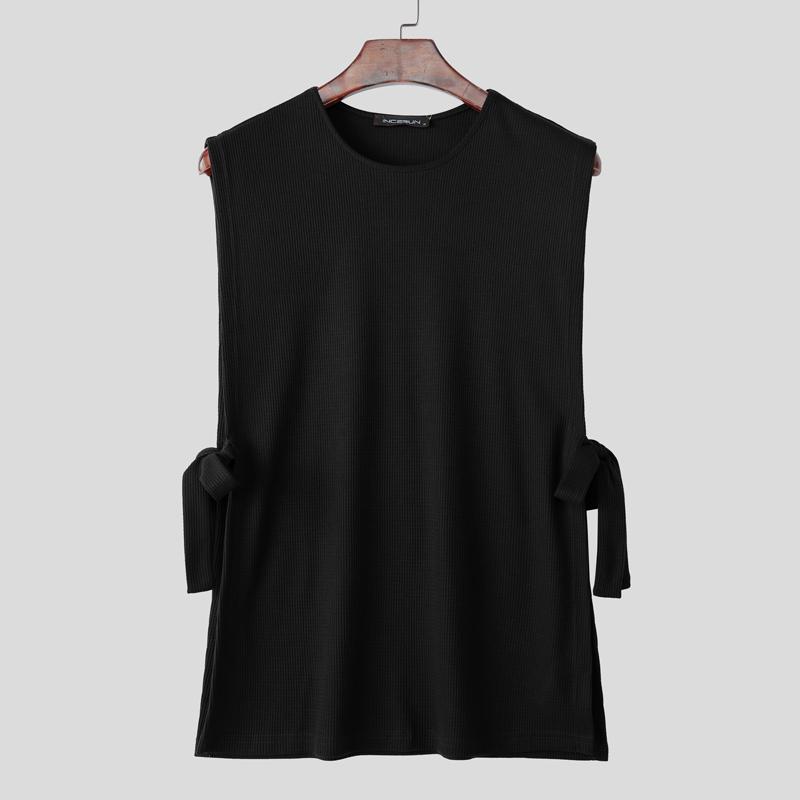 

INCERUN Summer Men Sleeveless Solid Color Side Lace-up Casual Texture Long Tank Tops S чёрный