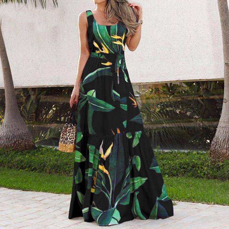 European & American Summer Print Casual Long Dress with Belt 2023